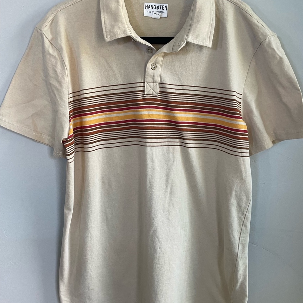 Vintage Style Hang Ten Cream and Brown Polo Shirt Classic Striped Design